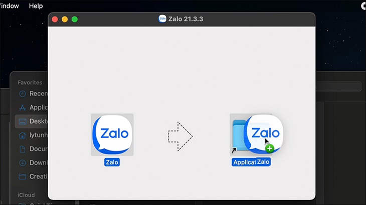 Kéo thả ứng dụng Zalo vào mục Applications
