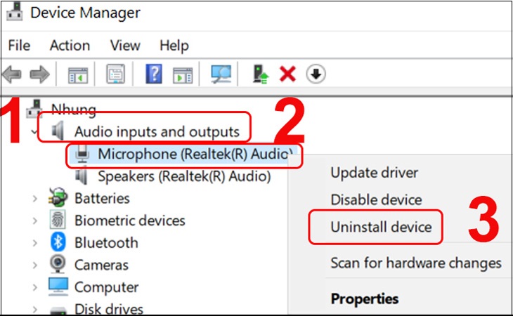 Bước 2: Chọn Audio inputs and outputs > Nhấn chuột phải vào Microphone > Chọn Update driver