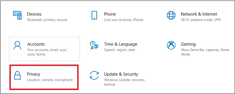Bước 2: Chọn phần Privacy (Bảo mật)