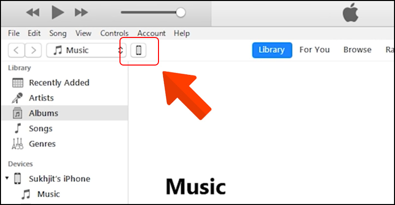 Khi kết nối thành công iTunes sẽ hiện lên biểu tượng điện thoại, chọn biểu tượng hình điện thoại