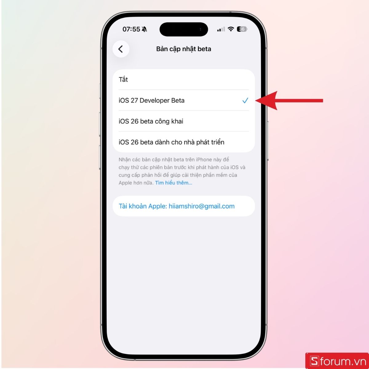 Chọn iOS 27 Developer Beta