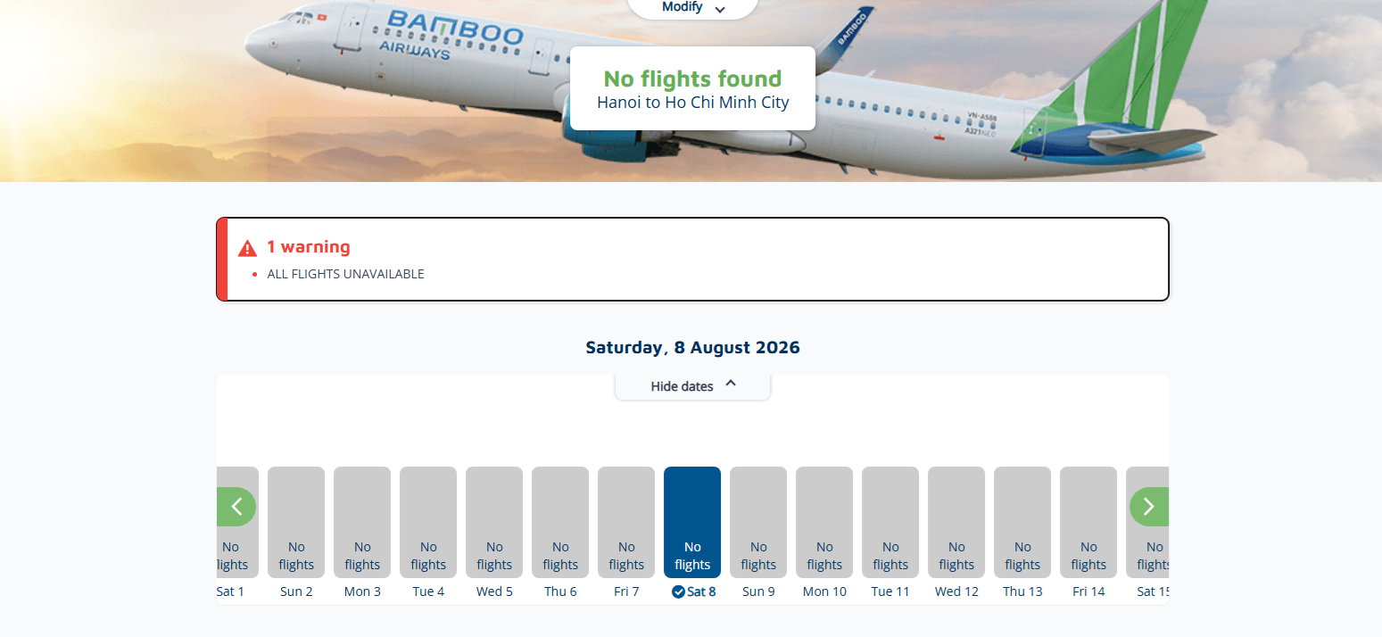 Website Bamboo Airways không còn hiển thị chuyến bay khả dụng trong tháng 8 trên nhiều đường bay - Ảnh 1.